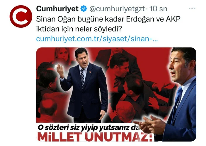 Cumhuriyet Gazetesi Sinan Oğanı hedef aldı.